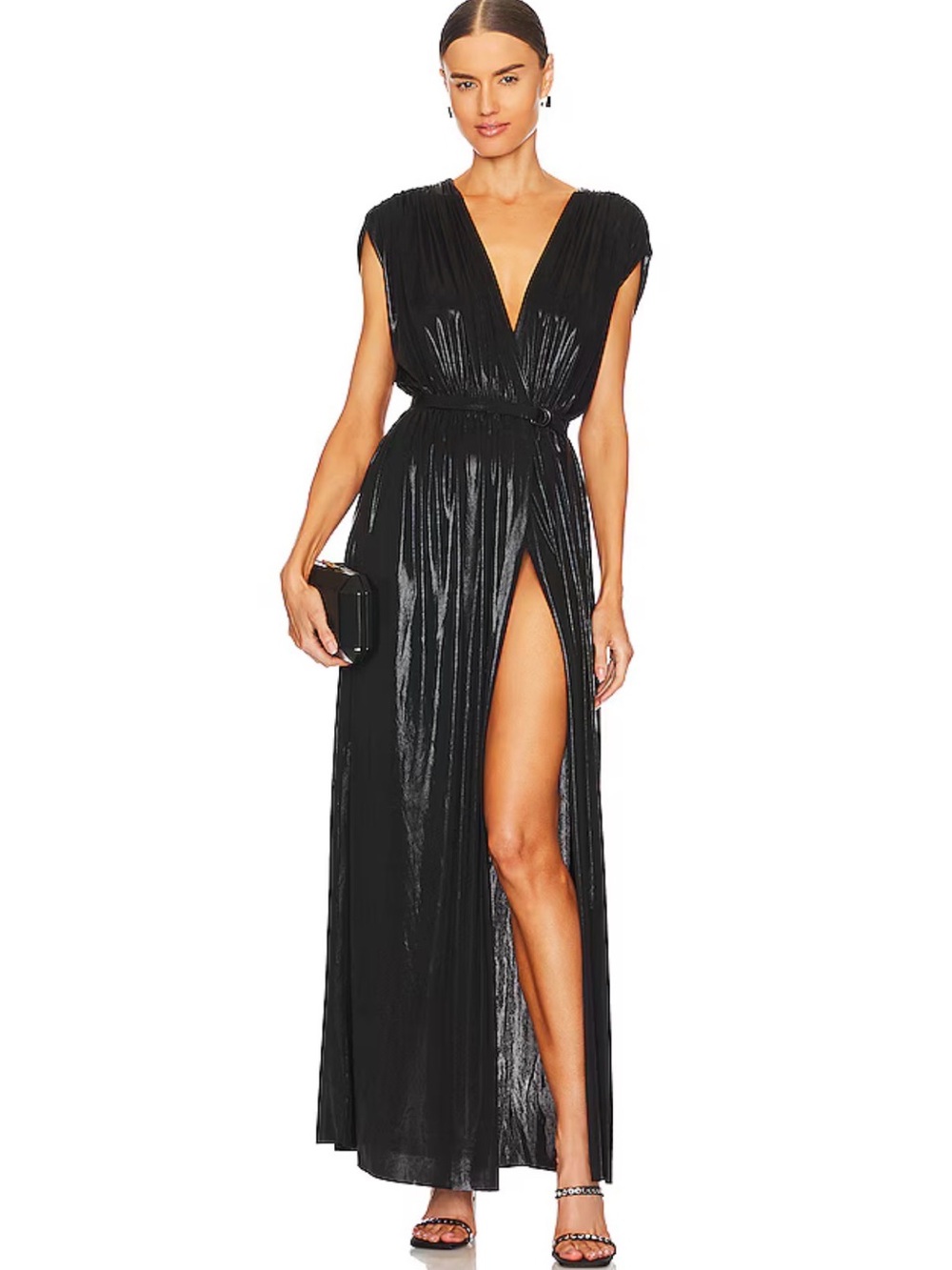 Norma Kamali "Athena" Dress Lame V Neck Leg Slit Metalic Black Size S 36